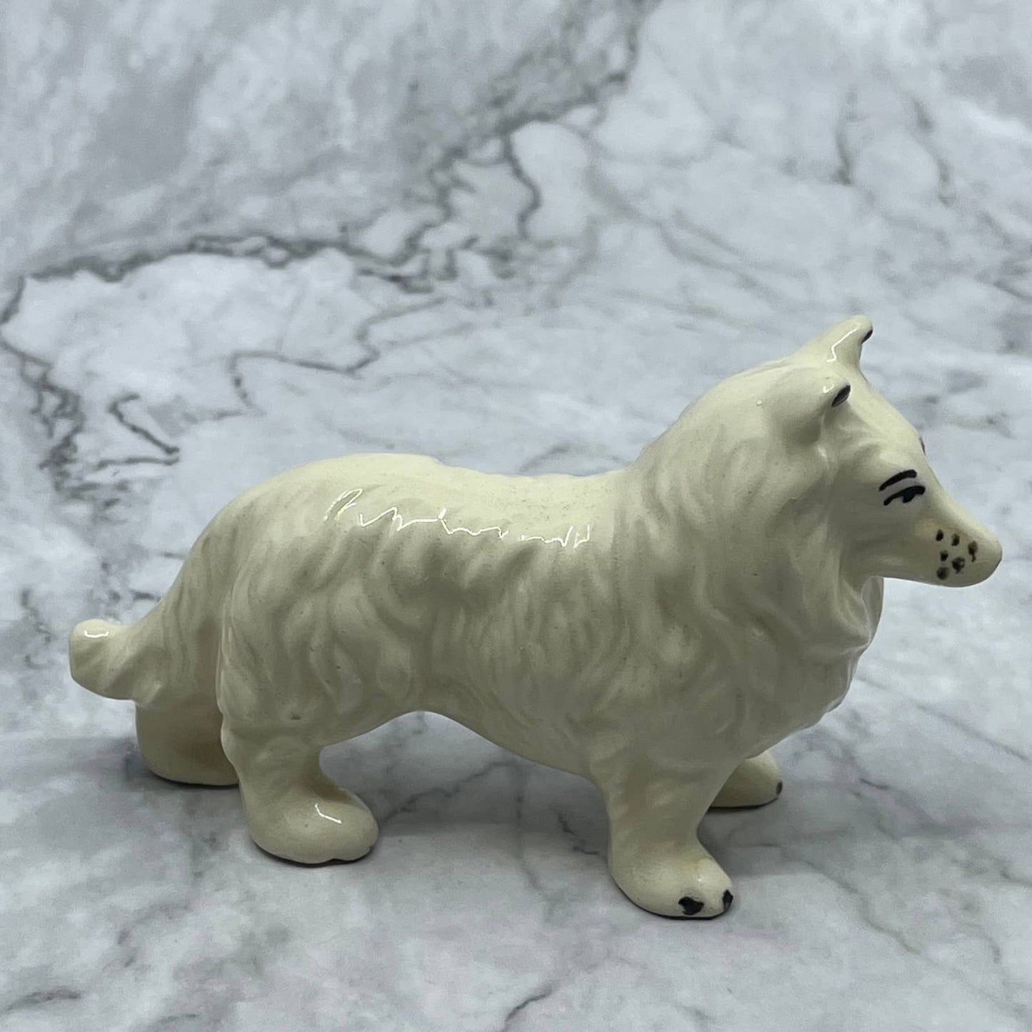 Vintage MCM Hand Painted White Collie Dog Bone China Figurine 4” SE1