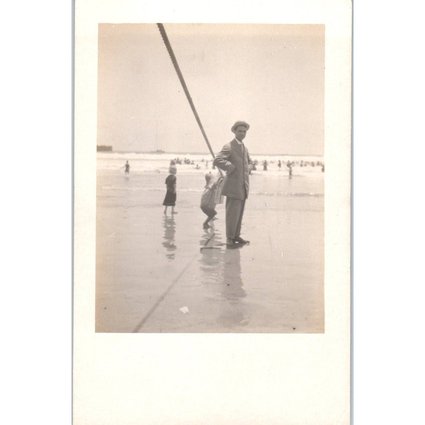 Antique Postcard RPPC Well Dressed Man in Suit Walking On the Beach SE8