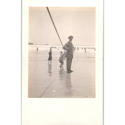 Antique Postcard RPPC Well Dressed Man in Suit Walking On the Beach SE8