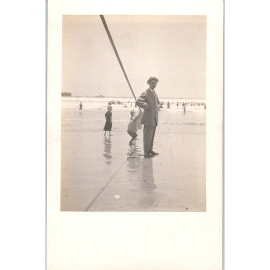 Antique Postcard RPPC Well Dressed Man in Suit Walking On the Beach SE8