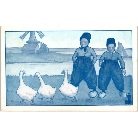 Dutch Children in Clogs With Geese, Windmill c1908 Original Postcard TK1-22