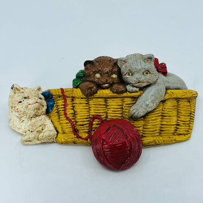 Vintage Hand Painted Chalkware Wall Hanging 3 Kitty Cats in a Basket 8 x 5 TC5