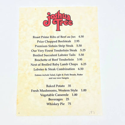 1971 Joshua Tree Restaurant Menu FL3