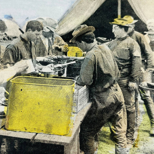 1898 Stereoview Card Tinted Spanish-American War US Army Soldiers Soup Kitchen