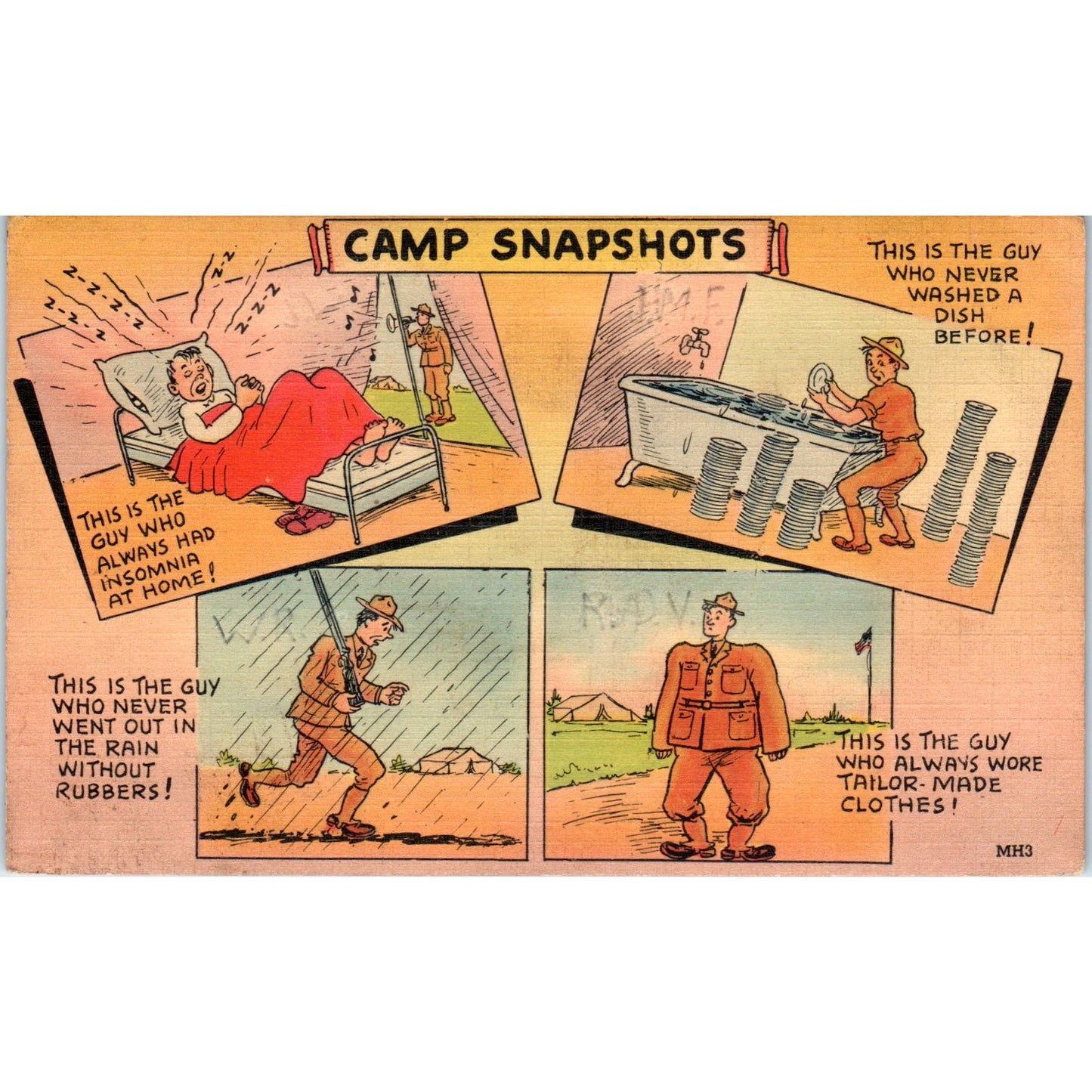 1942 WWII Army Camp Snapshots Humor Cartoon Original Postcard P2-11
