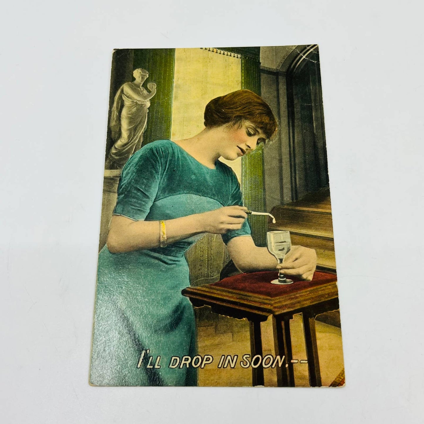 1910s Antique Photo Post Card Woman Dropping Substance in Glass Drop in Soon PA7