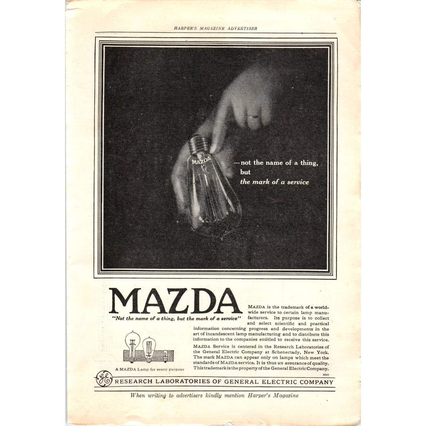 c1920 Harper's Magazine Ad - Mazda Research Labs of General Electric Co TF6-1