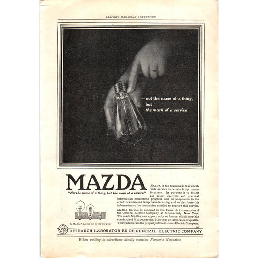 c1920 Harper's Magazine Ad - Mazda Research Labs of General Electric Co TF6-1