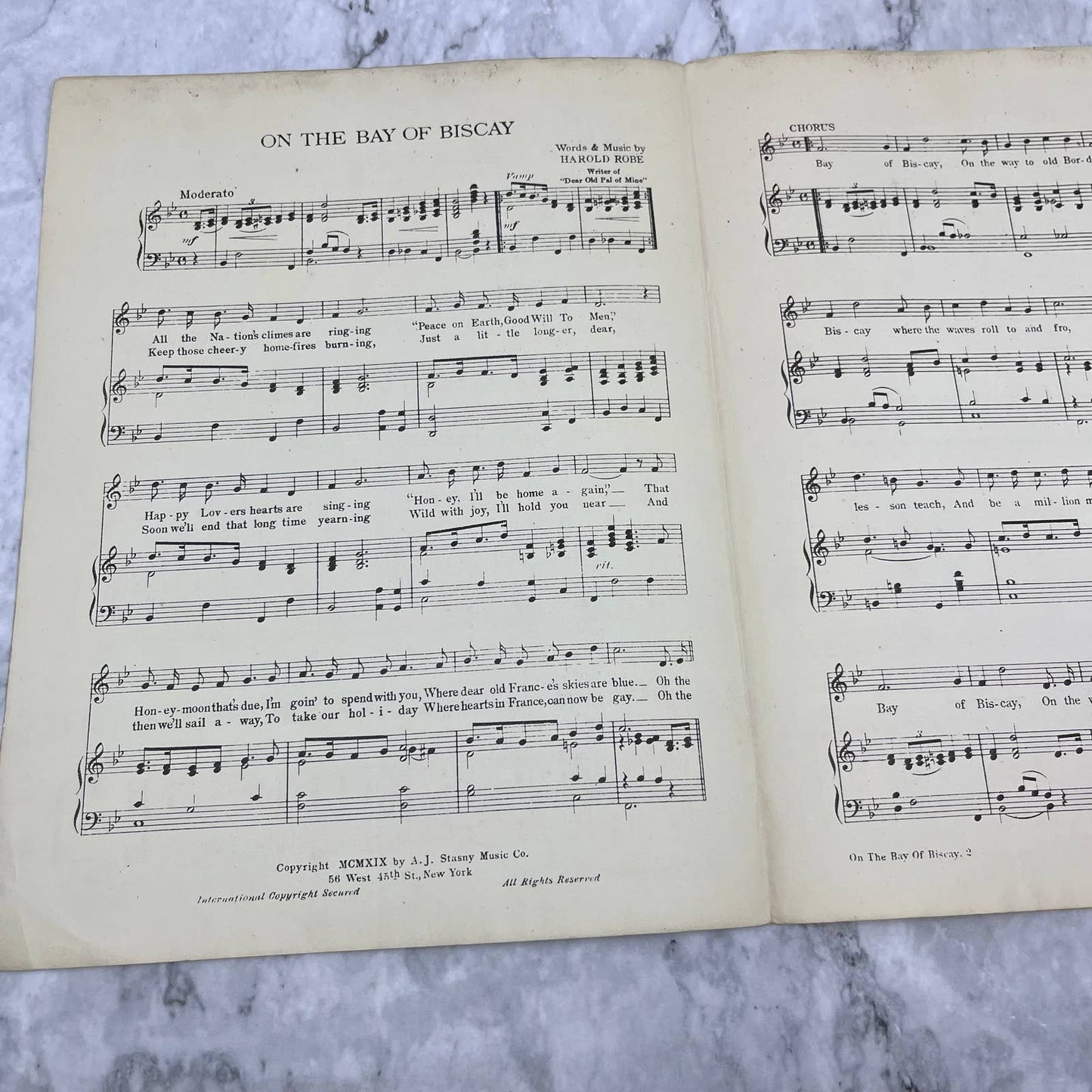 On the Bay of Biscay, by Harold Robe 1919 Sheet Music TH5-1