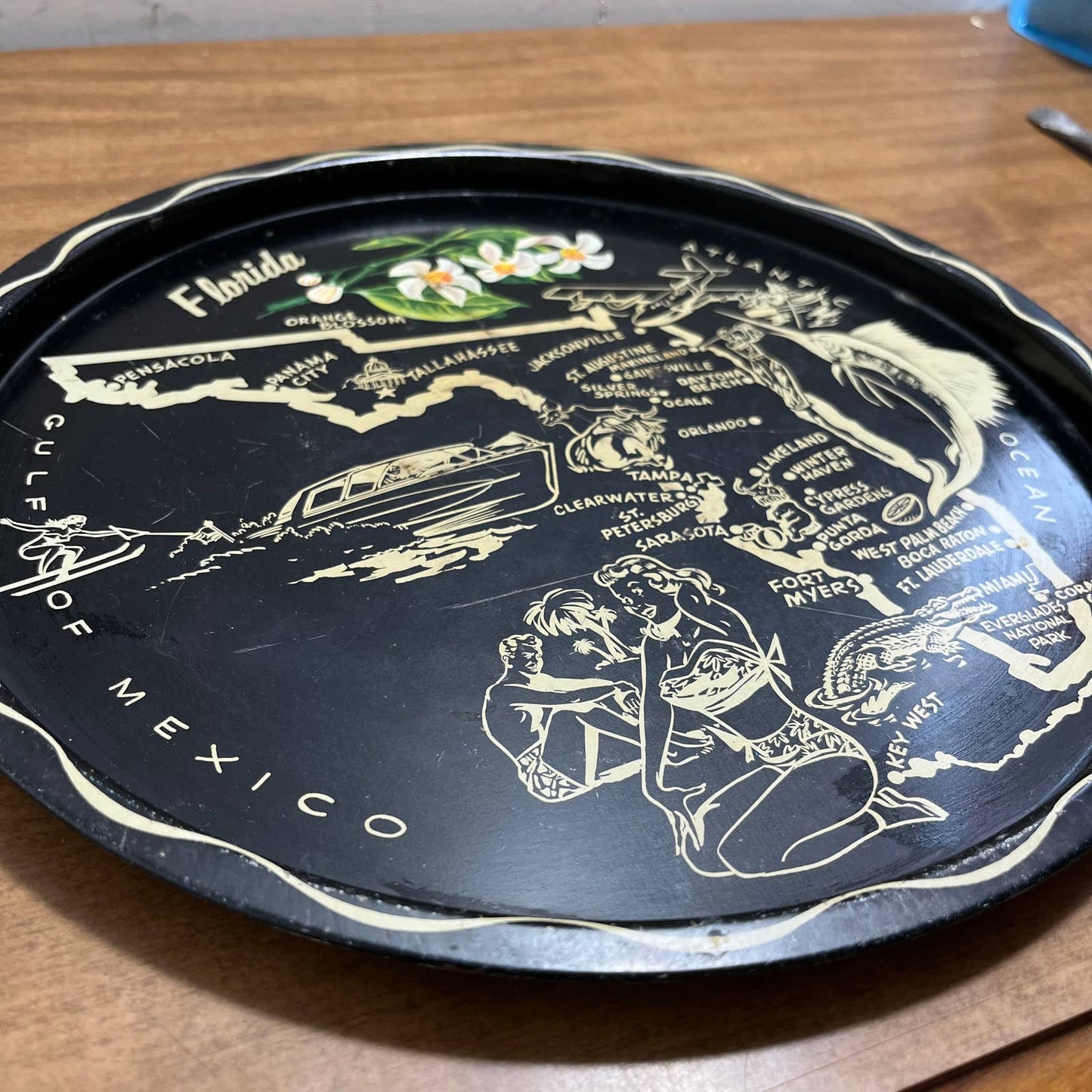 Vtg Black & Gold Metal State Souvenir Plate Tray 1950s Florida 11” TG7