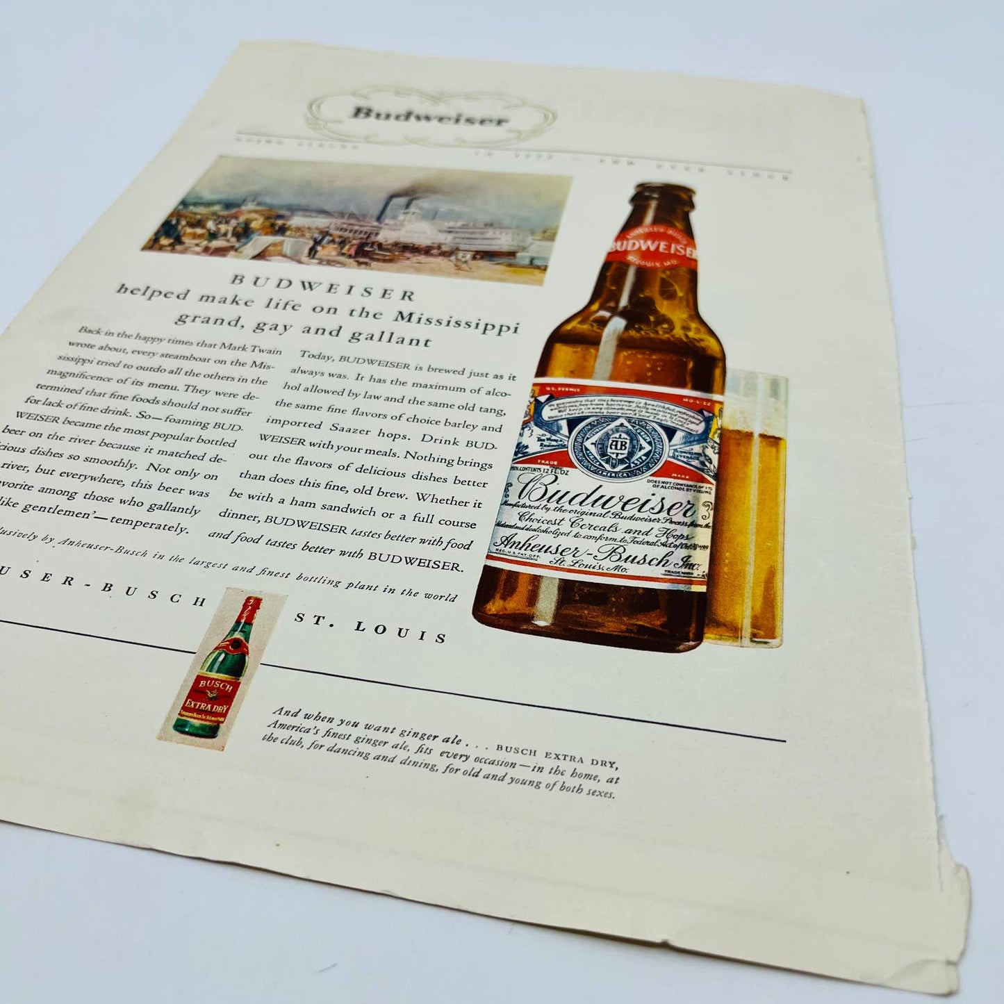 1932 Budweiser Beer Ad Steamboat on Mississippi 9x12” C13