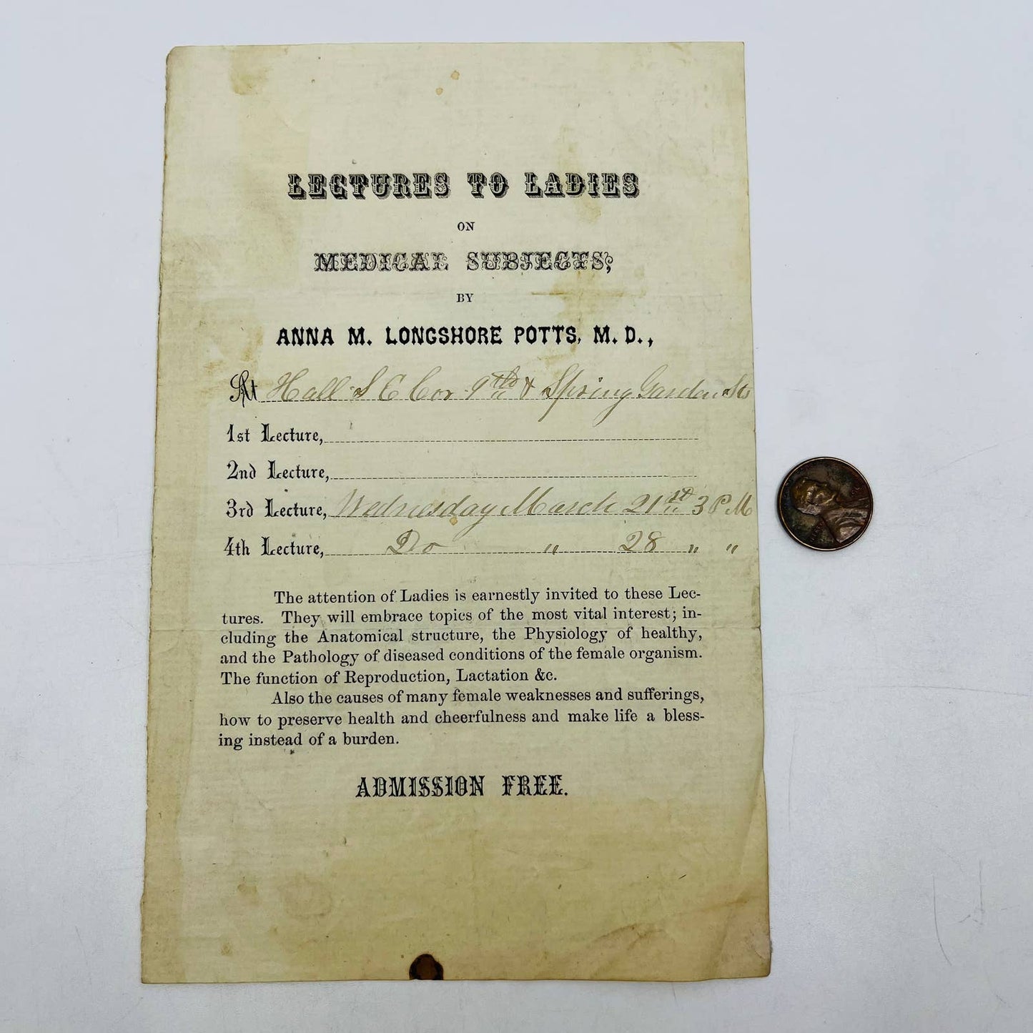 1860s Civil War Era Invitation to “Lectures to Ladies” Anna Longshore Potts D3