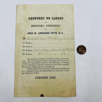 1860s Civil War Era Invitation to “Lectures to Ladies” Anna Longshore Potts D3