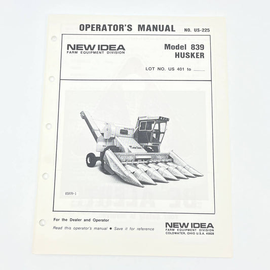 Original 1985 New Idea Operator's Manual 839 Husker US839-1 US-225 TB9