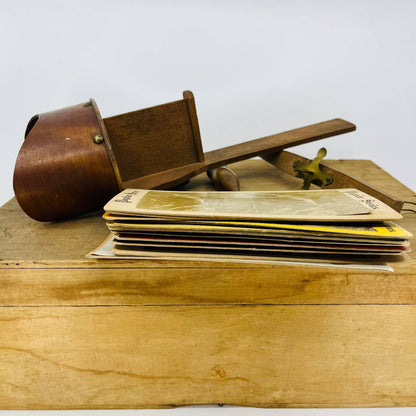 1870s Solid Wood STEREOSCOPE VIEWER Optical 3D Viewer w/ Stack of Cards & Box