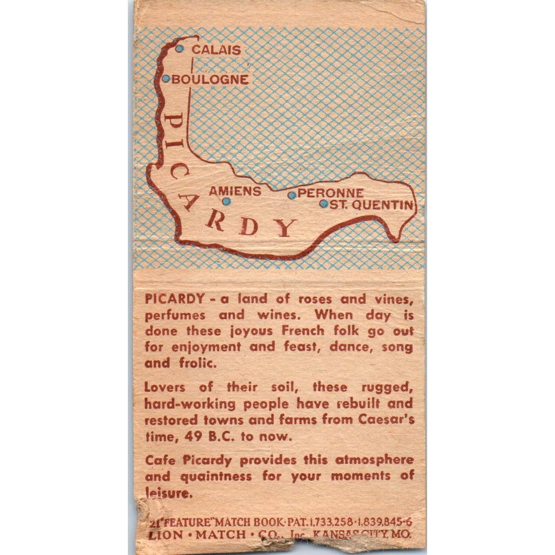 Cafe Picardy Hotel Muehlebach Kansas City MO Advertising Matchbook Cover SA9-M3