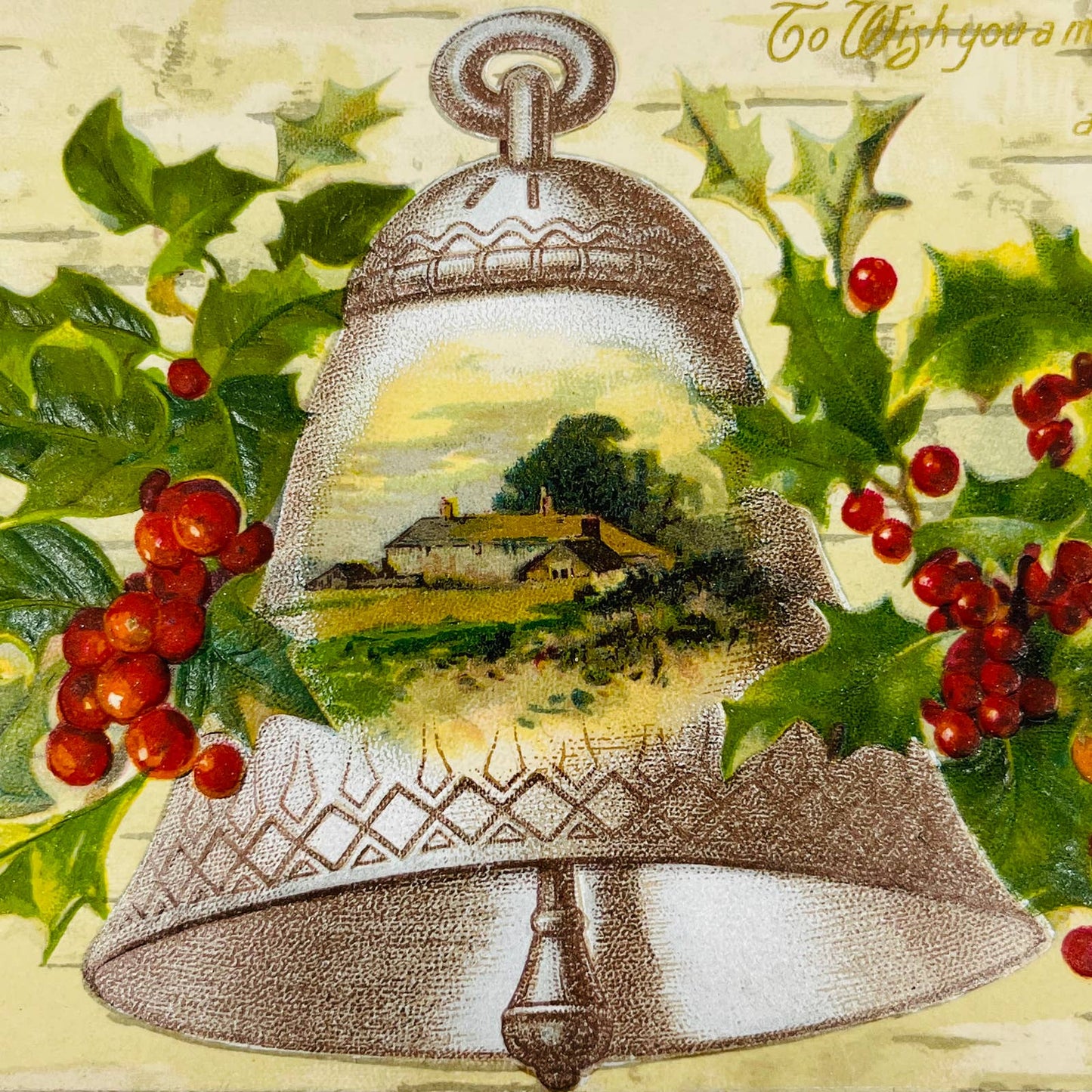 1910s Christmas Post Card WINSCH Back Embossed Cottage Bell Birch Holly PA4