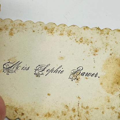 1880's VICTORIAN CALLING CARD Die Cut Pigeons Roses Miss Sophie Bawer AH9-M9