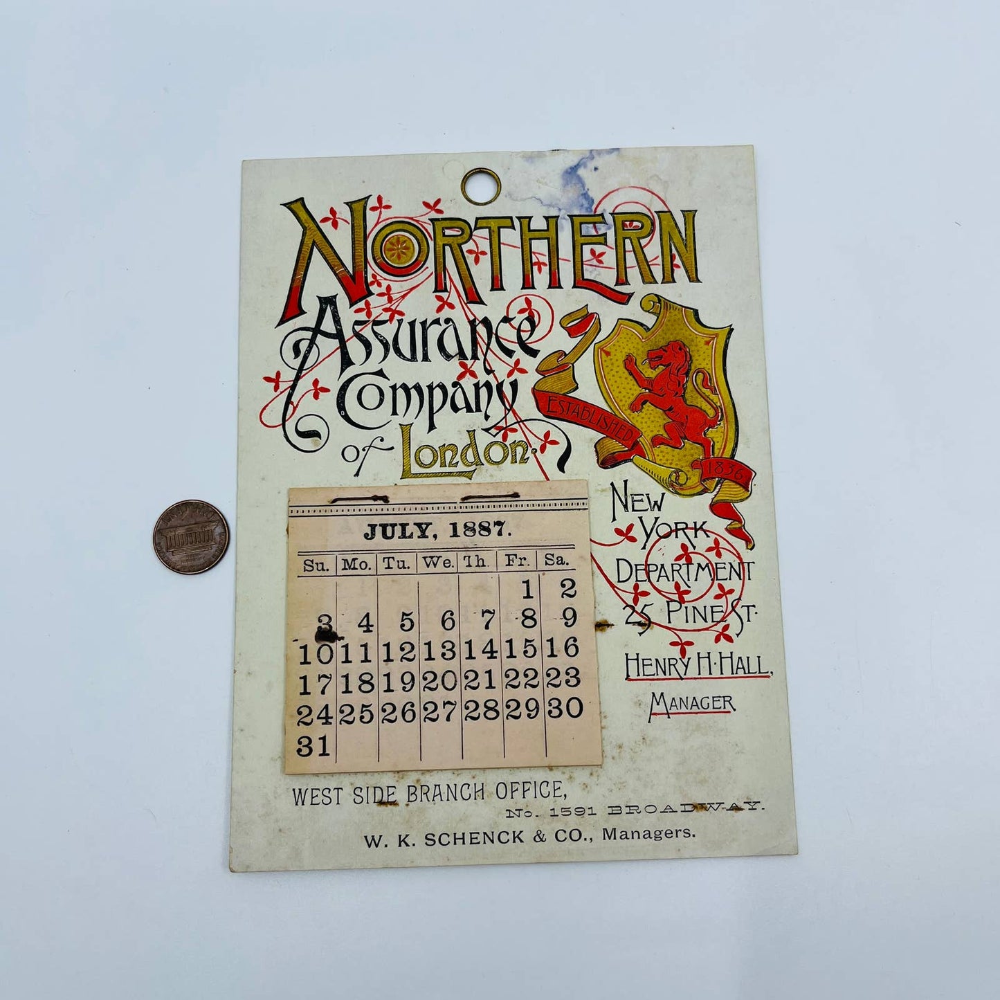 1887 Advertising Calendar Northern Assurance Co. New York Pine St SC2