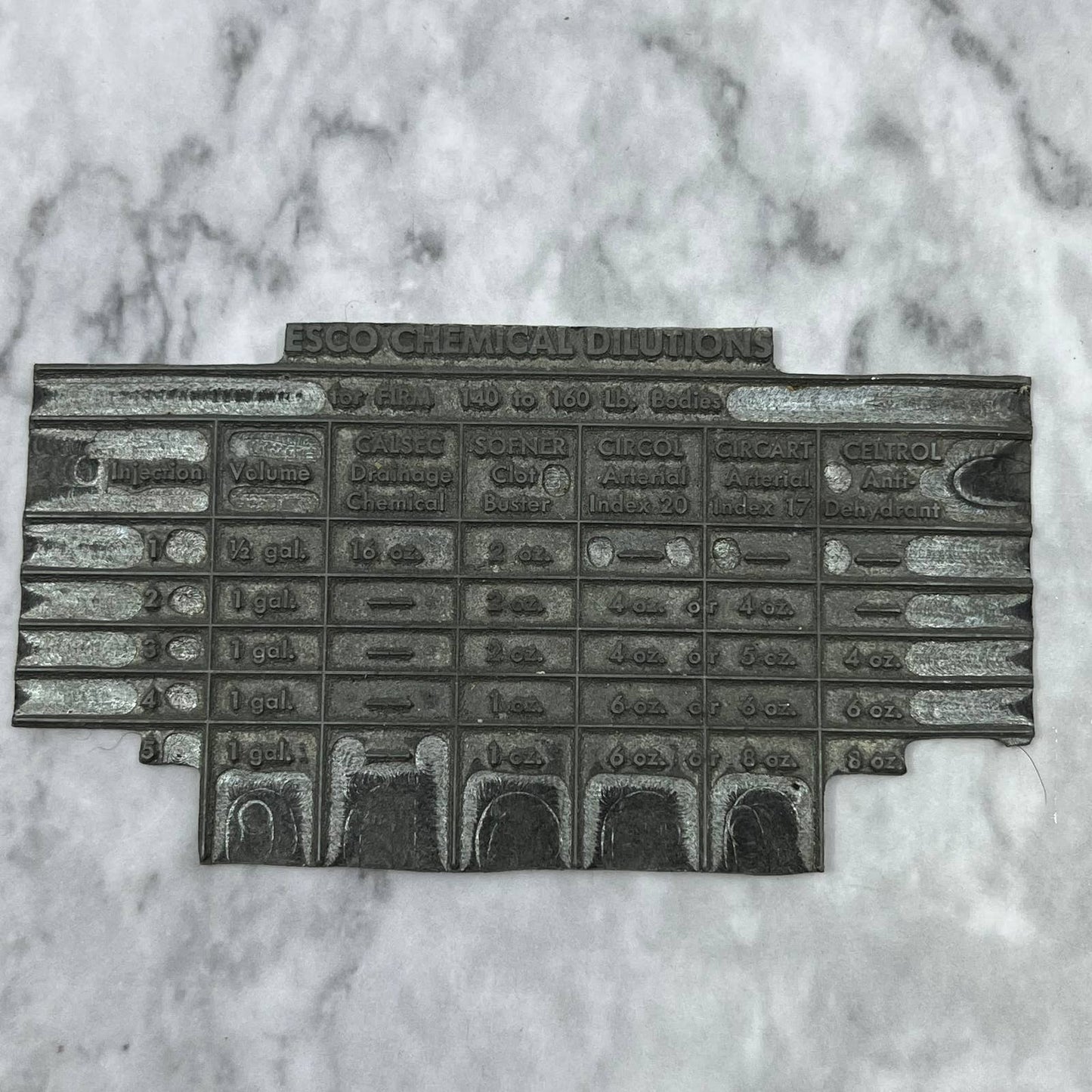 Vintage Letterpress Printers Block Plate Esco Chemical Dilutions Table TJ513