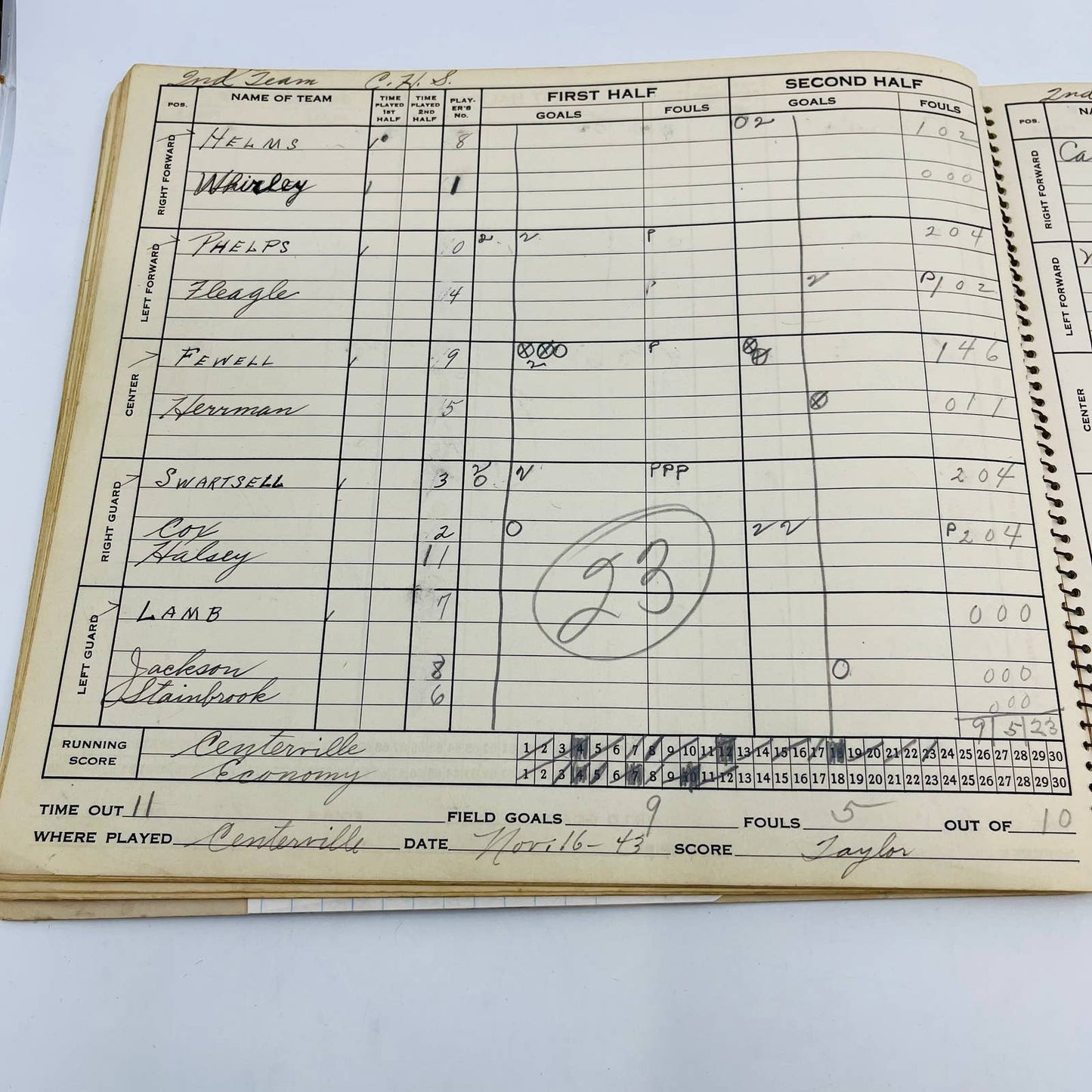 1943-44 Spalding Official Basketball Score Book Centerville IN High School TC5