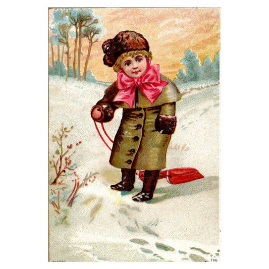 WInter Scene Girl Pulling Sled - BLANK - 1880s Victorian Trade Card TJ8-3