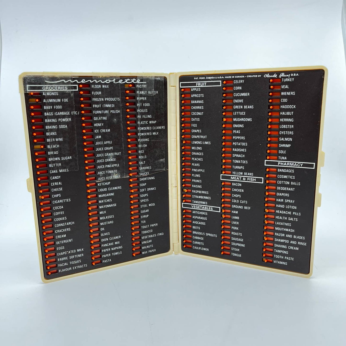 1970 Memorette Plastic Reusable Shopping Grocery List Claude Alain Slide Tab TE2