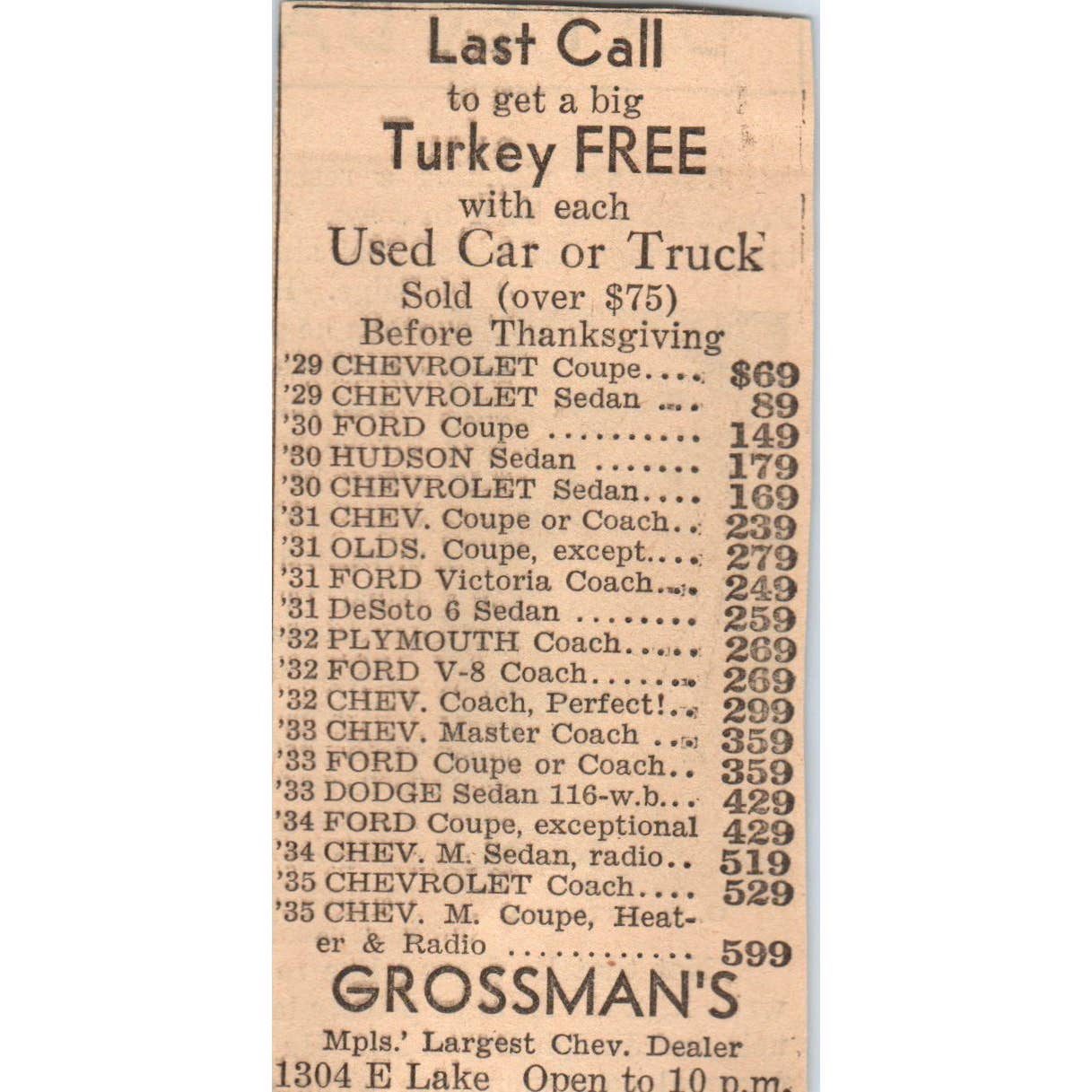 1935 Mpls Journal Newspaper Ad Grossman's Chevrolet E. Lake St Free Turkey FL5-6