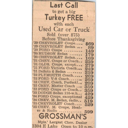 1935 Mpls Journal Newspaper Ad Grossman's Chevrolet E. Lake St Free Turkey FL5-6