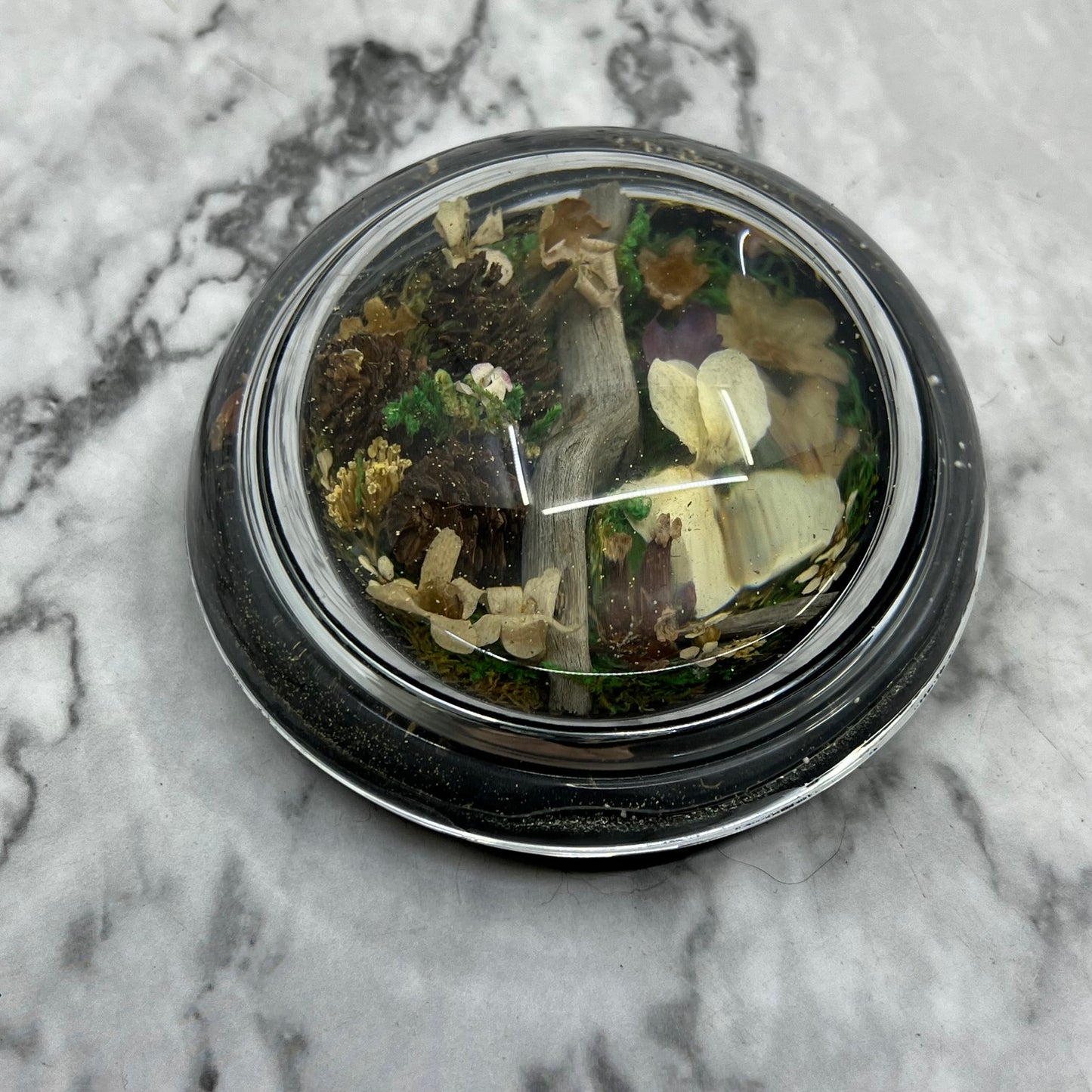 Vintage Paperweight Glass Floral 3" Floral Woodland Scene Pinecones TK3
