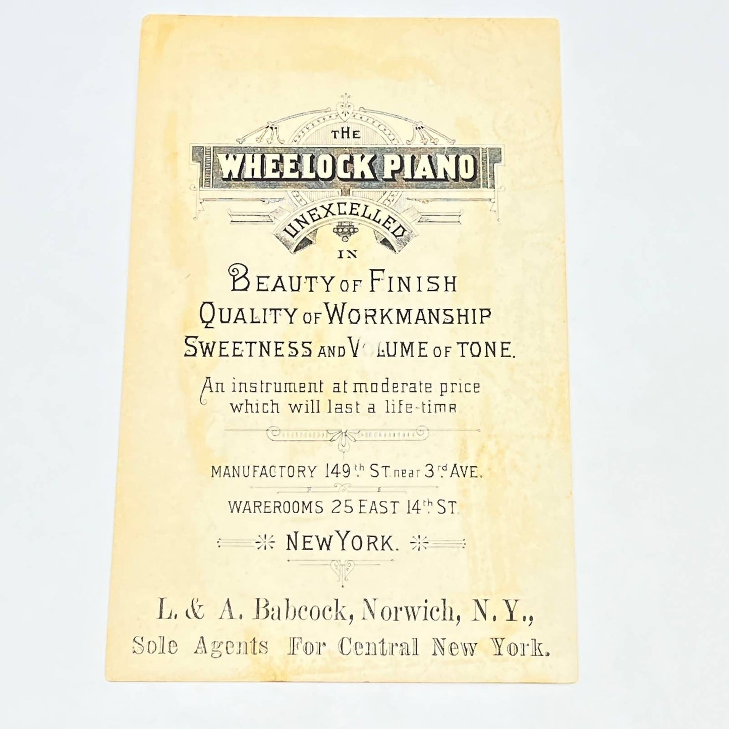 Original 1880s Victorian Trade Card Wheelock Piano L & A Babcock Norwich NY AB6