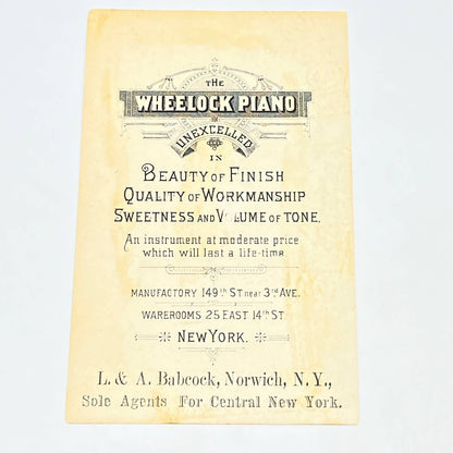 Original 1880s Victorian Trade Card Wheelock Piano L & A Babcock Norwich NY AB6