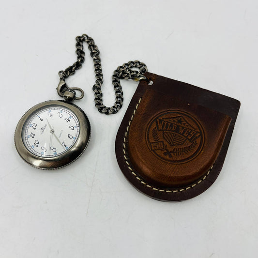 Cenere Brushed Nickel Pocket Watch Quartz Japan W/Leather Wild West Pouch SA6