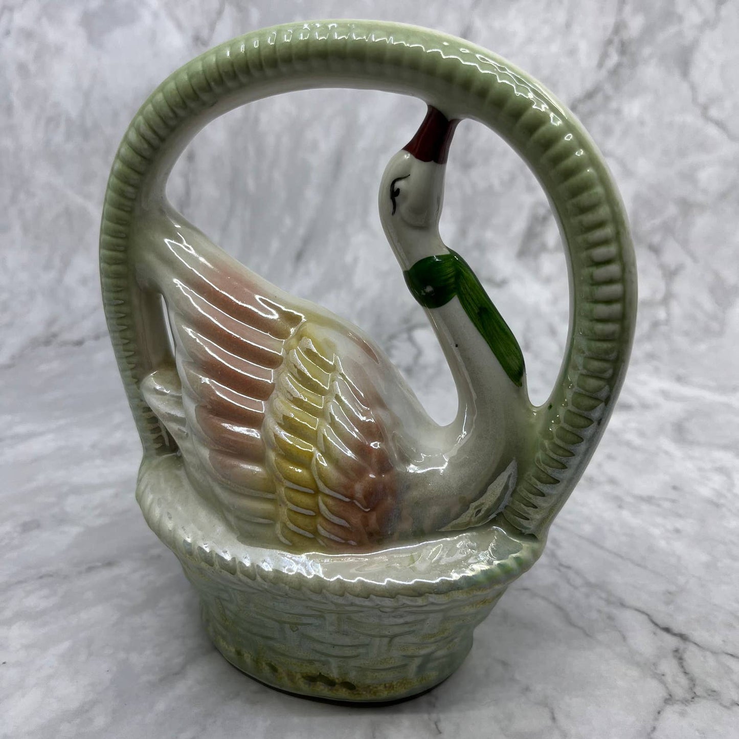 Ceramic Lustreware Elegant Swan in Basket Vintage Made in Brazil 6x6.5 TD1