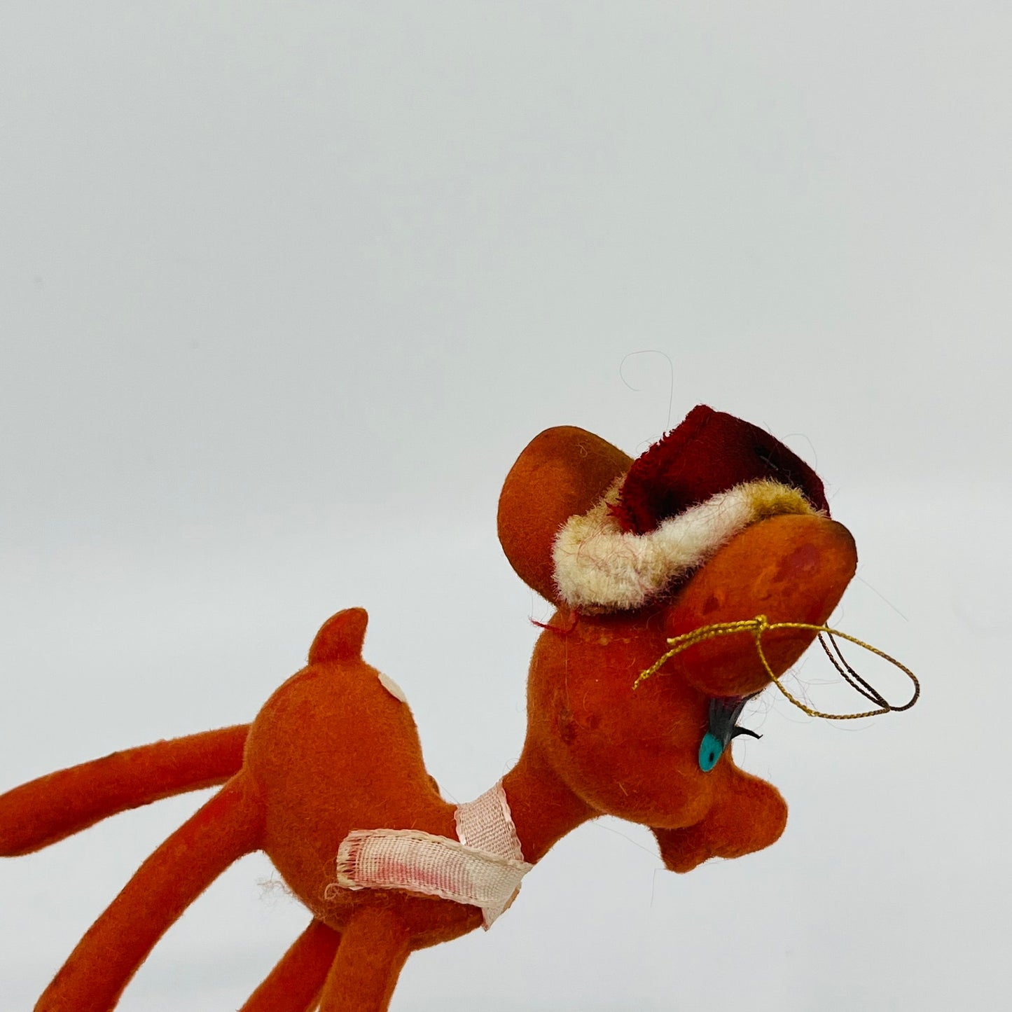 Vintage Celluloid Felt Flocked Santa Deer Christmas Tree Ornament 4" Set 2 TH9-1