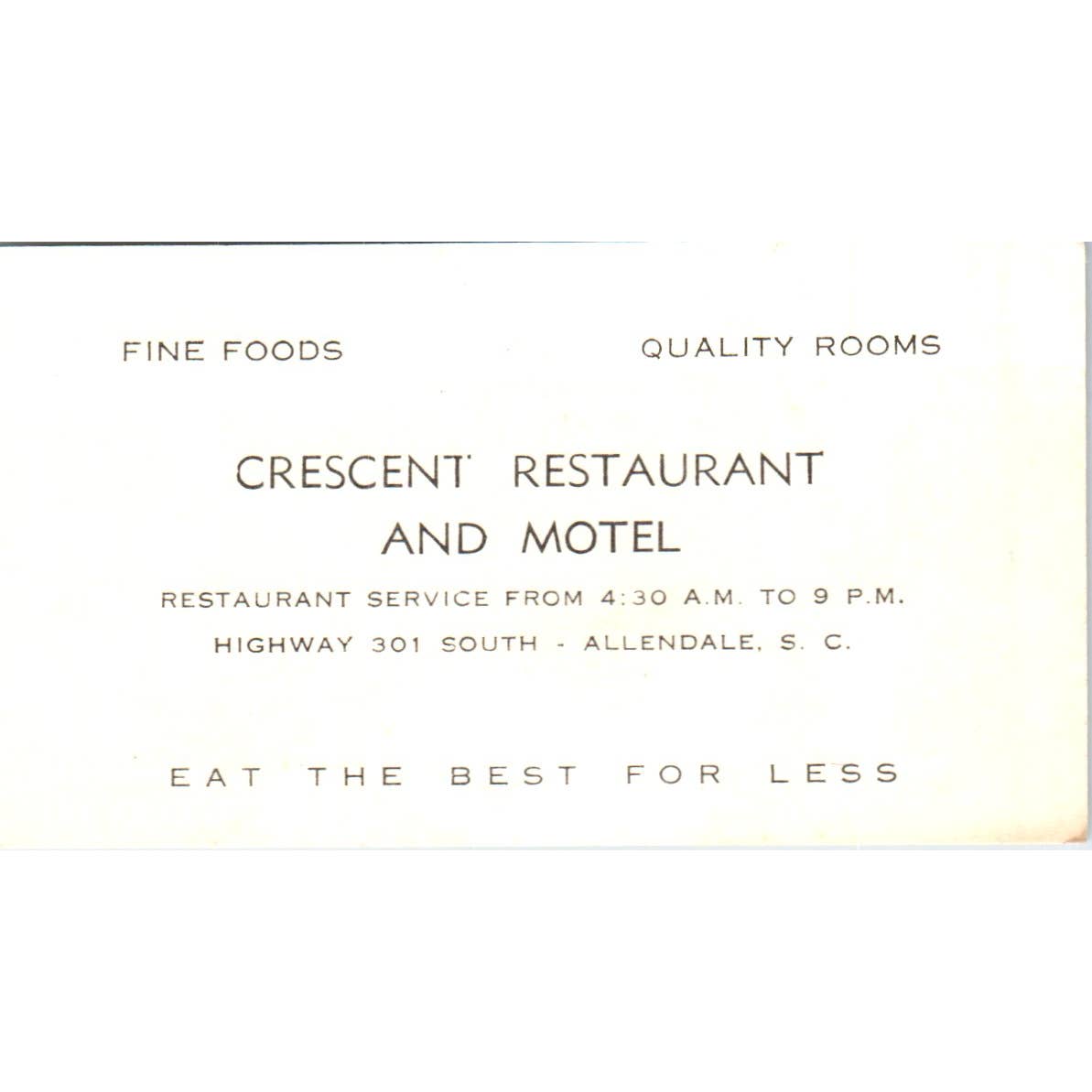 Vintage Business Card Crescent Restaurant and Motel Allendale South Carolina SE5