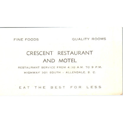 Vintage Business Card Crescent Restaurant and Motel Allendale South Carolina SE5