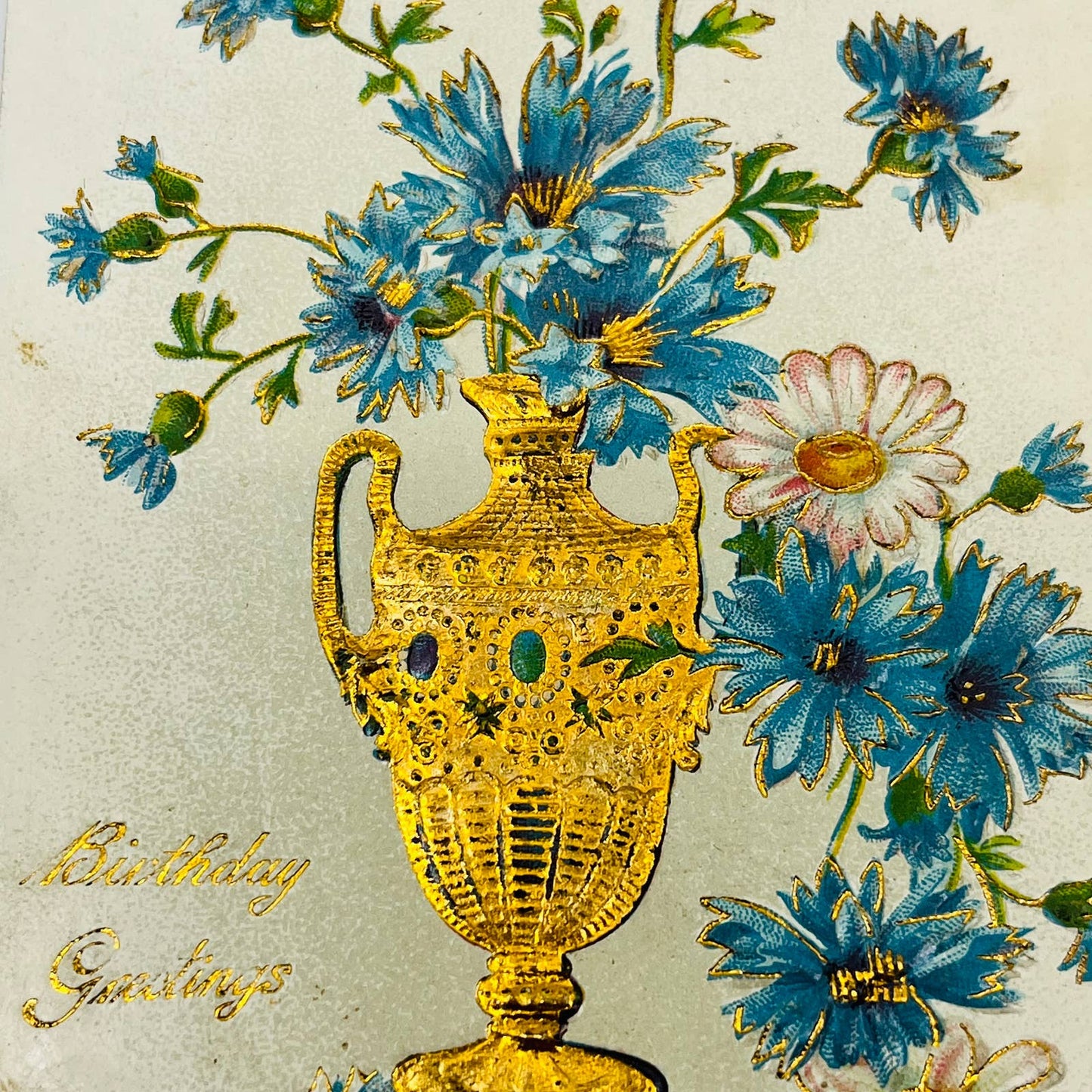 1907 Birthday Post Card Embossed Dresden Cloisonné Style Cornflower Bouquet PA5