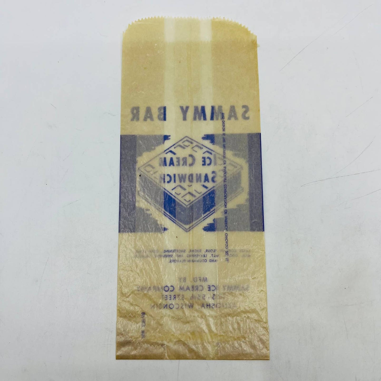 1930s Sammy Bar Bag Ice Cream Sandwich Wrapper Kenosha Wisconsin C12