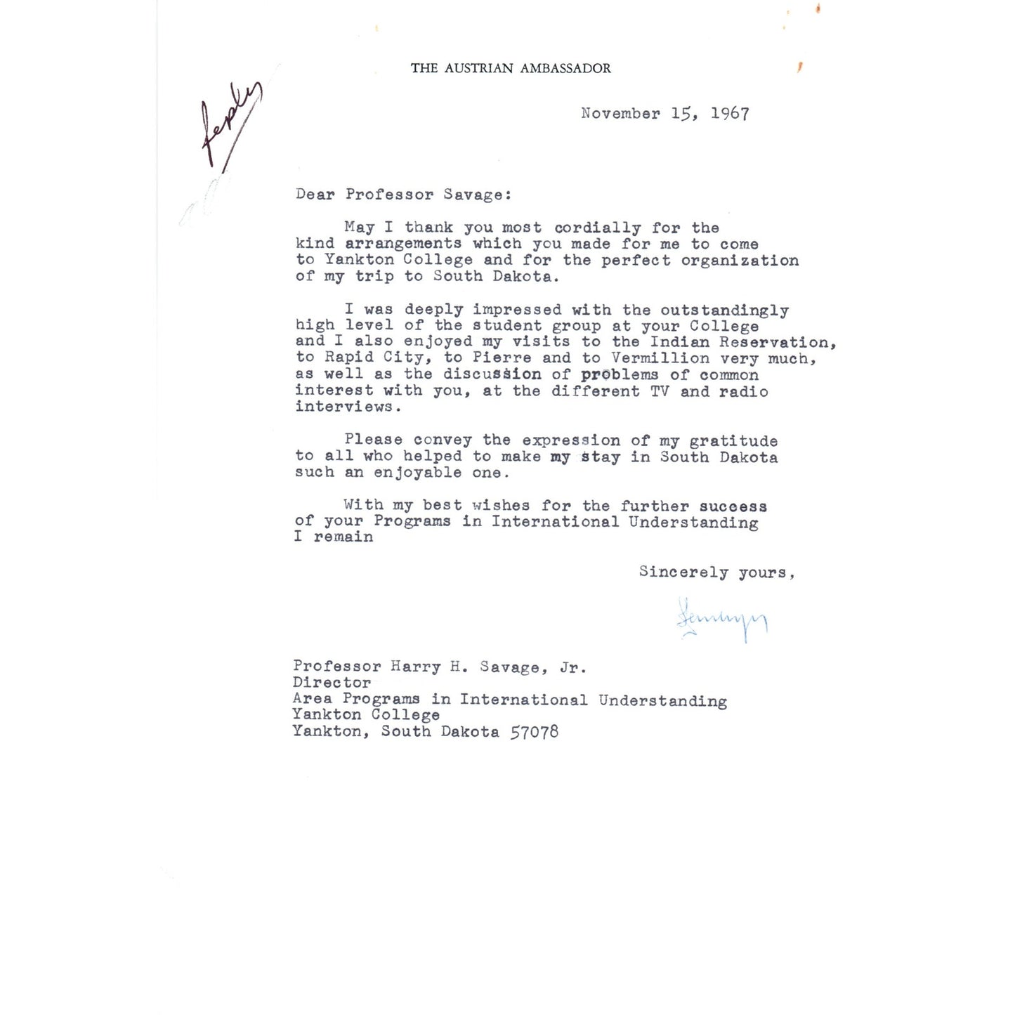 Austrian Ambassador to US Letterhead Memo Ernst Lemberger 11/15/67 B13