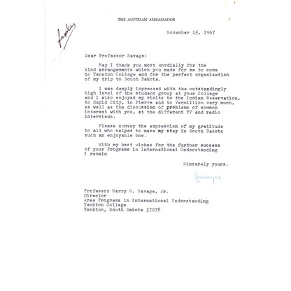 Austrian Ambassador to US Letterhead Memo Ernst Lemberger 11/15/67 B13