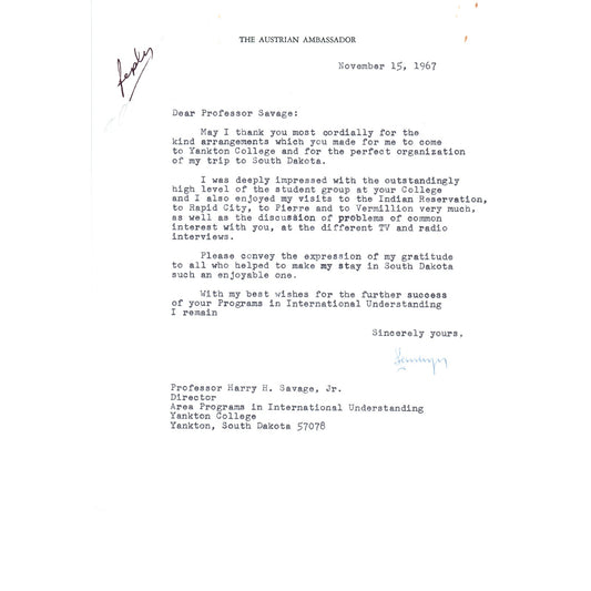 Austrian Ambassador to US Letterhead Memo Ernst Lemberger 11/15/67 B13