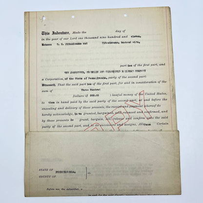 1911 Jamestown, Franklin and Clearfield Railroad Company Land Indenture AB2