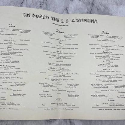 Original SS Argentina Cruise Ship Restaurant Menu Jan 21, 1960 Ada Peacock TD8
