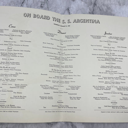 Original SS Argentina Cruise Ship Restaurant Menu Jan 21, 1960 Ada Peacock A20