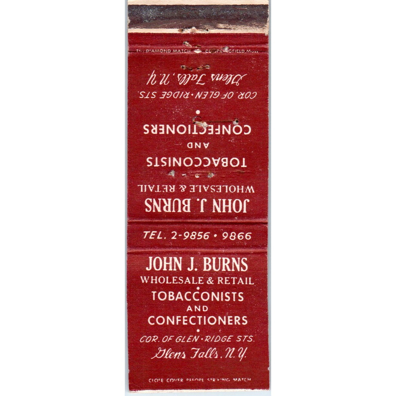 John J Burns Tobacconists Confectioners Glens Falls Advertising Matchbook MM9-8
