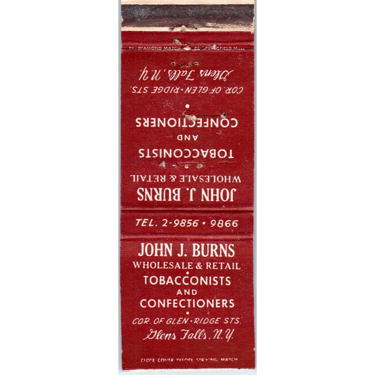 John J Burns Tobacconists Confectioners Glens Falls Advertising Matchbook MM9-8