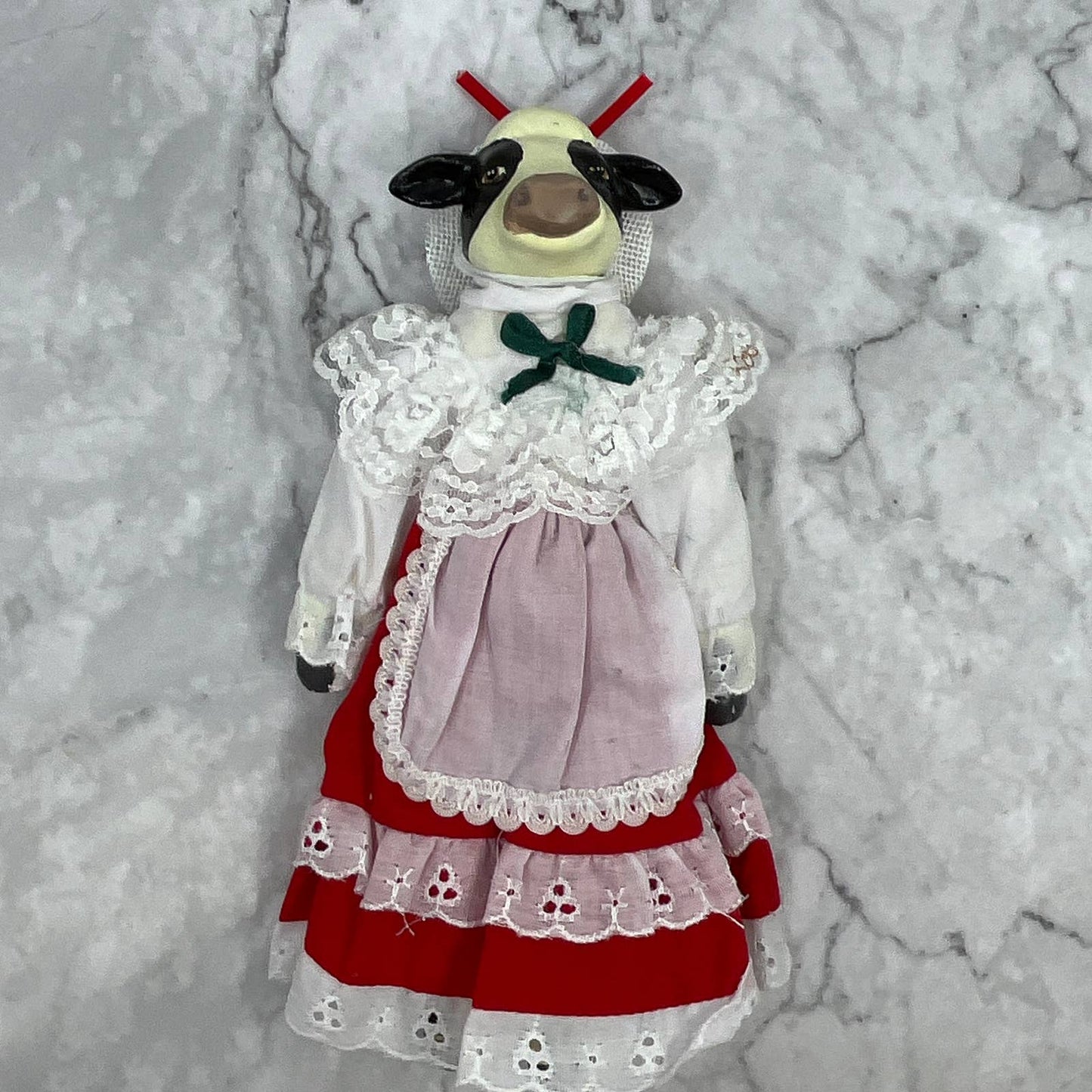 VTG BLACK & WHITE HOLSTEIN COW DOLL country lace dress w/ apron Ceramic Head TI7