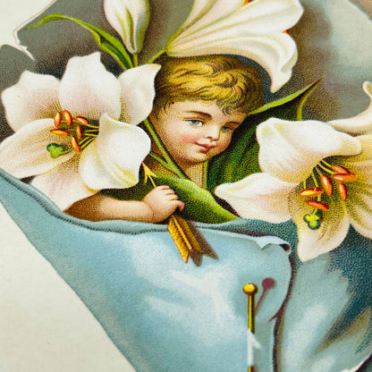 Victorian 1800s Trade Card Magnolia Cherub James B. Hall Millinery Troy NY AA3
