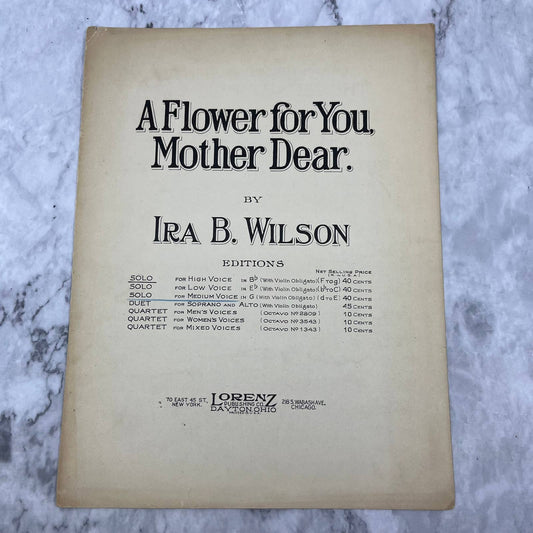 A FLOWER FOR YOU, MOTHER DEAR sheet music ~ 1922 Ira B Wilson TI1